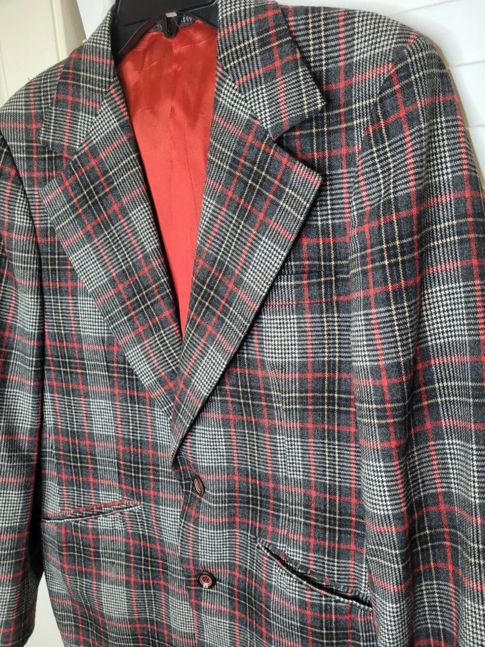 VTG Clubman George Leonard Mens Plaid Blazer Red Lining